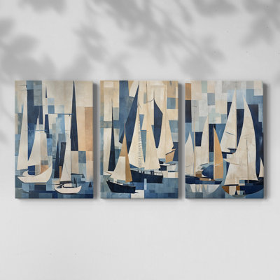 Série Sea and Shore Lxxxiv - Ensemble de 3 toiles tendues avec châssis - Prêt à être accroché