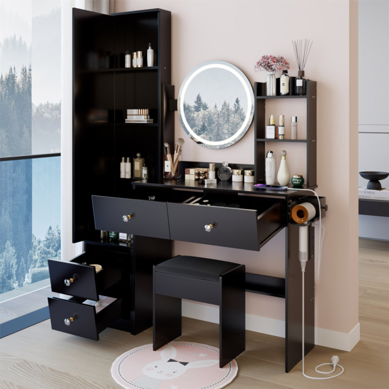 Full Body Mirror Cabinet + Round Mirror LED Vanity Table + Cushioned Stool, With 2 AC + 2 USB Power Station,17" Diameter LED Mirror, Touch Control, 3-Color, Brightness Adjustable, Large Desktop