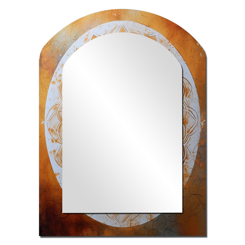 Blanc et or Mandala IV - miroir arqué boho mandala, miroir mural asymétrique blanc unique, impression d'art en métal