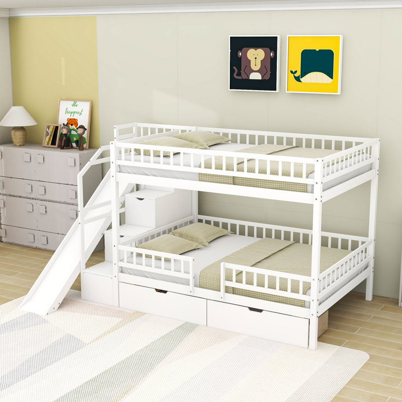 Lit superposé en bois avec escalier de rangement, glissade et 2 tiroirs, White