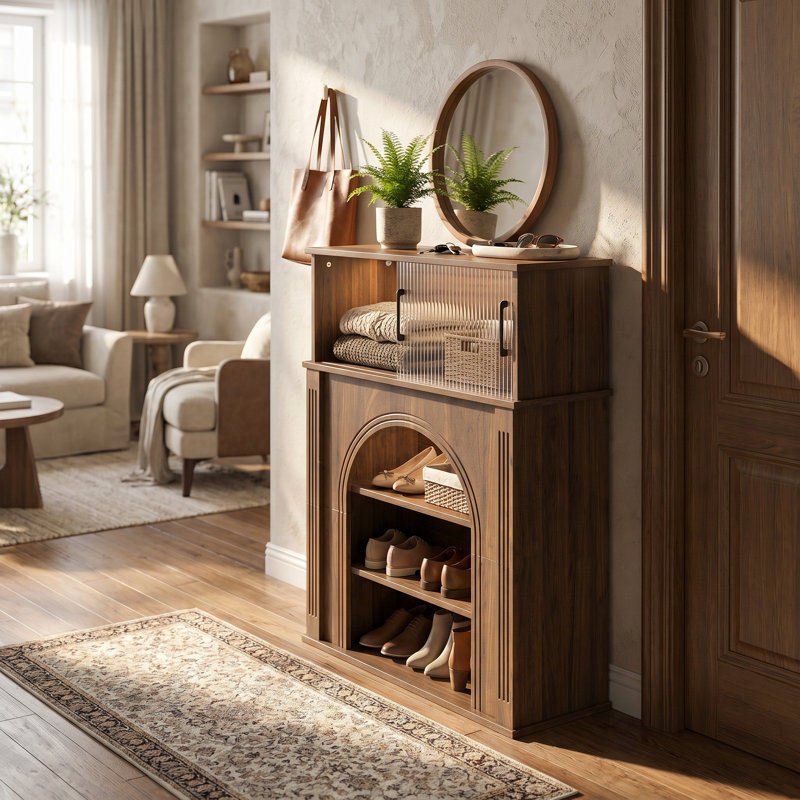 Wood Grain Entryway  1 Person Shoe Cabinet With LED Lights, 2-Tier Storage Console With Fluted Glass Doors For Small Spaces