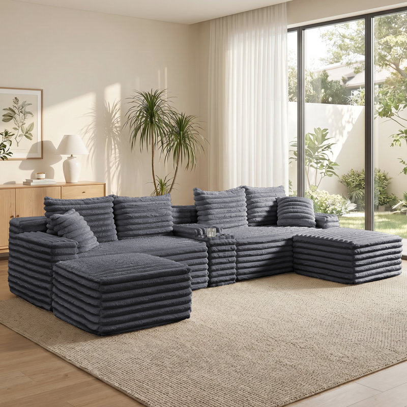 Canapé modulaire 5 pièces Cloud avec console, rangement, USB, 2 repose-pieds et porte-gobelet, Gris