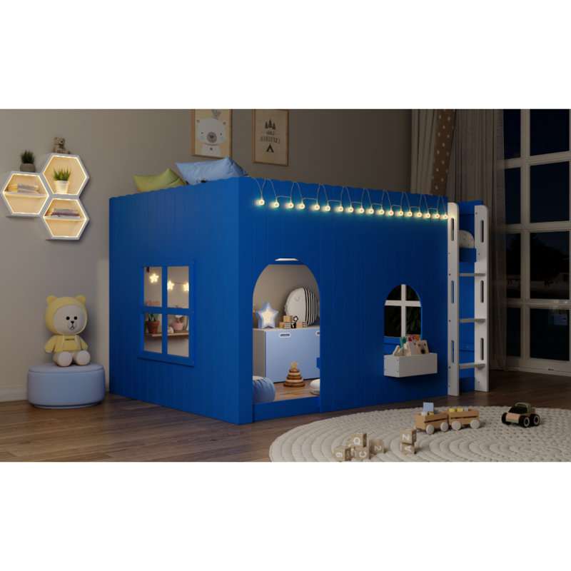 Lit mezzanine double pour enfant avec lumière DEL chaude, bleu Klein, Lit double, Bleu