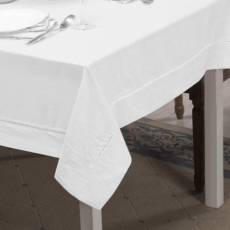 Premium 100% Natural Linen Hemstitch Tablecloth , Natural Fabric, Rectangular Tablecloth For Indoor And Outdoor Use, White