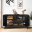 Maison de chat moderne avec porte en verre trempé - Cadre en bois et en fer Spacieux pour le confort des chats Noir et brun Schéma de montage facile Abri amplement suffisant pour répondre aux besoins de votre chat