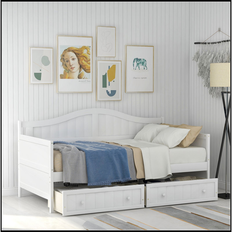 Lit de jour simple en bois avec 2 tiroirs, canapé-lit pour le salon de la chambre à coucher, aucun sommier nécessaire, Blanc