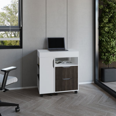 Odessa Extendable Desk, 2 Drawers, 4 Shelves, 4 Wheels, White/Walnut - Desk