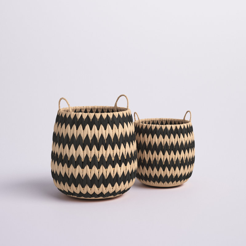 Woven Basket in Handwoven Cattail and Paper Fibers with Pattern and