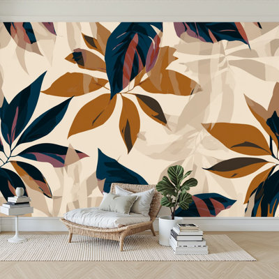 Peel and Stick Wallpaper 96" W x 69" H Modern Self Adhesive Wall Mural for Bedroom Modern minimalist abstract leaves Creative collage contemporary