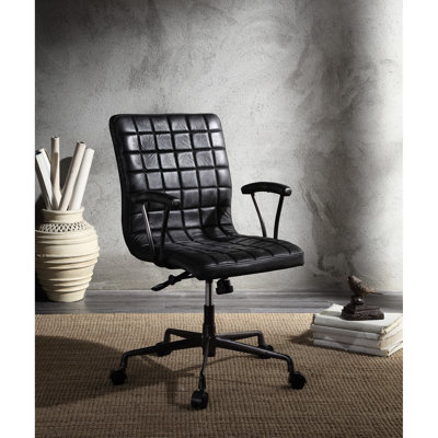 Chaise de bureau rétro en cuir noir et aluminium, siège pivotant à 360 degrés, relevage réglable, accoudoir à dossier rembourré avec support en métal, base à 5 branches, charge de 220 lb, profondeur de siège de 17 po, hauteur de 19 po à 19 po, hauteur de 24 po à 25 po