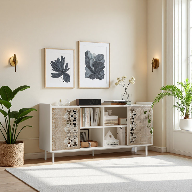 Armoire en bois massif de style Mid-Century avec porte coulissante rustique pour salon