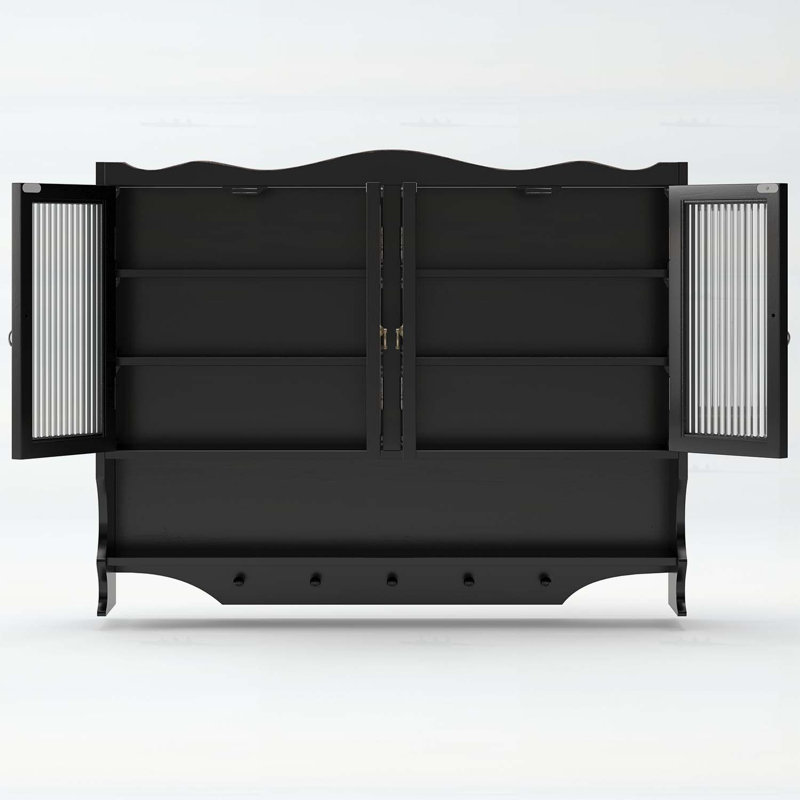 Armoire murale rétro à 4 portes avec deux niveaux de rangement et support à crochets ouvert, noir antique