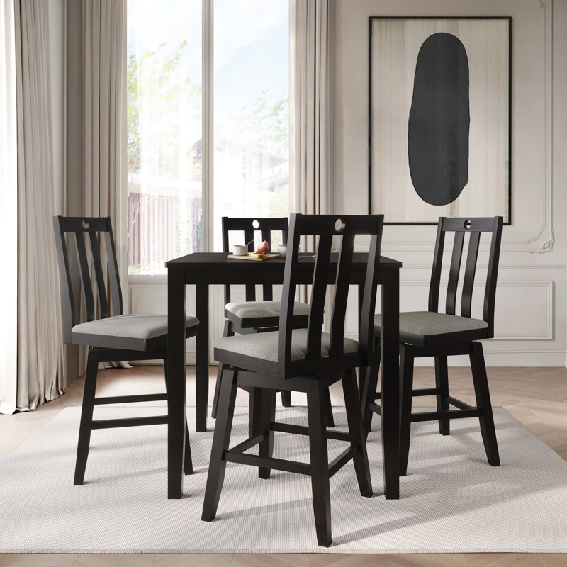 Ensemble de salle à manger 5 pièces à hauteur de comptoir avec chaises à dossier en lattes et table carrée, noir, Black