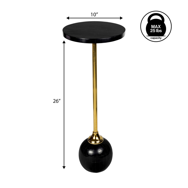 Evelyn Contemporary 26" Black and Gold Round Drink Table, Geometric Resin Ball Base and Iron Candlestick Leg Accent End Table for Small Spaces