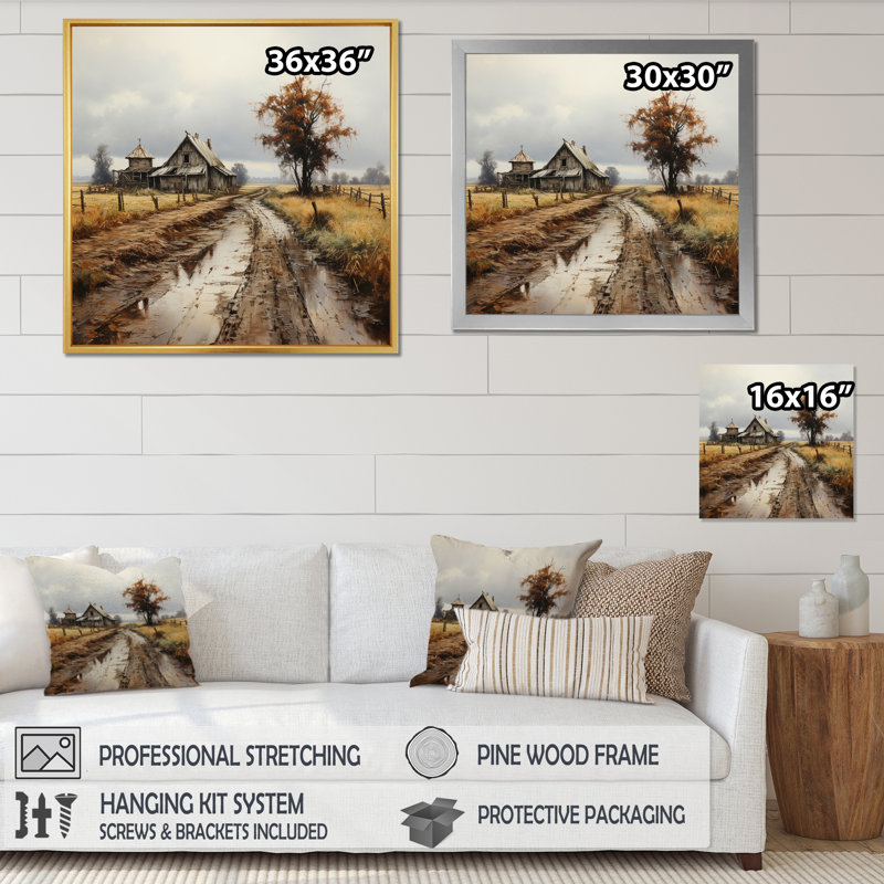 Barns Misty Morning sur toile, H 24 po x l 24 po x P 1 po, Cadre flottant noir
