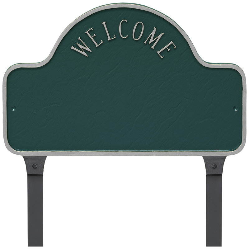 Enseigne d’adresse pour pelouse sur 3 lignes welcome, Vert forêt / argent, Oui