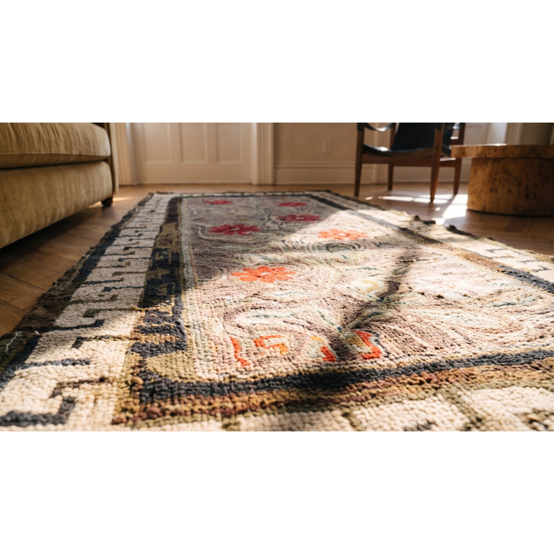 Tapis gris antique en laine et coton crocheté Antique American