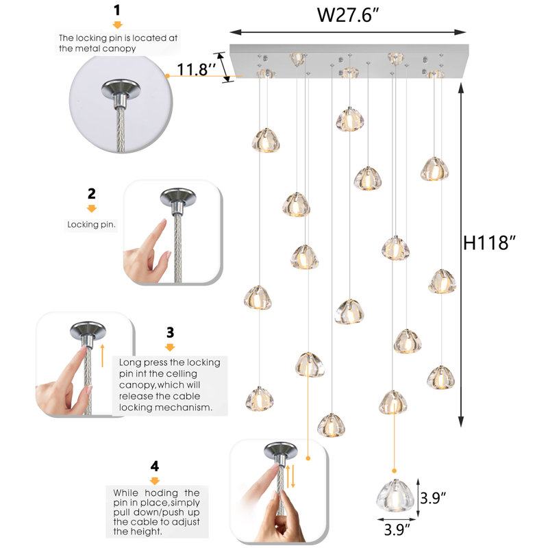 16-lights Rectangular Crystal Chandeliers Led Dimmable