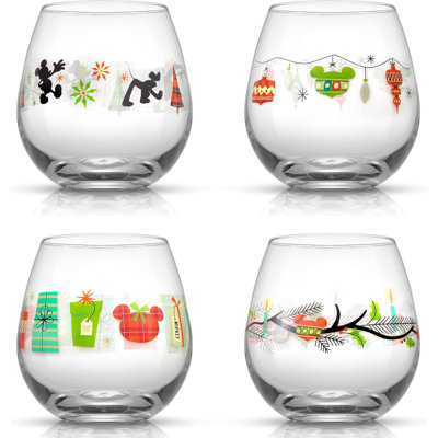 Verres à vin sans pied Disney Mickey Mouse Joy O Joy. Ensemble de 4 verres à vin. Joyeux cadeaux et cadeaux de Noël Disney. Ensemble de verres à vin 15 oz Disney Mickey Mouse.