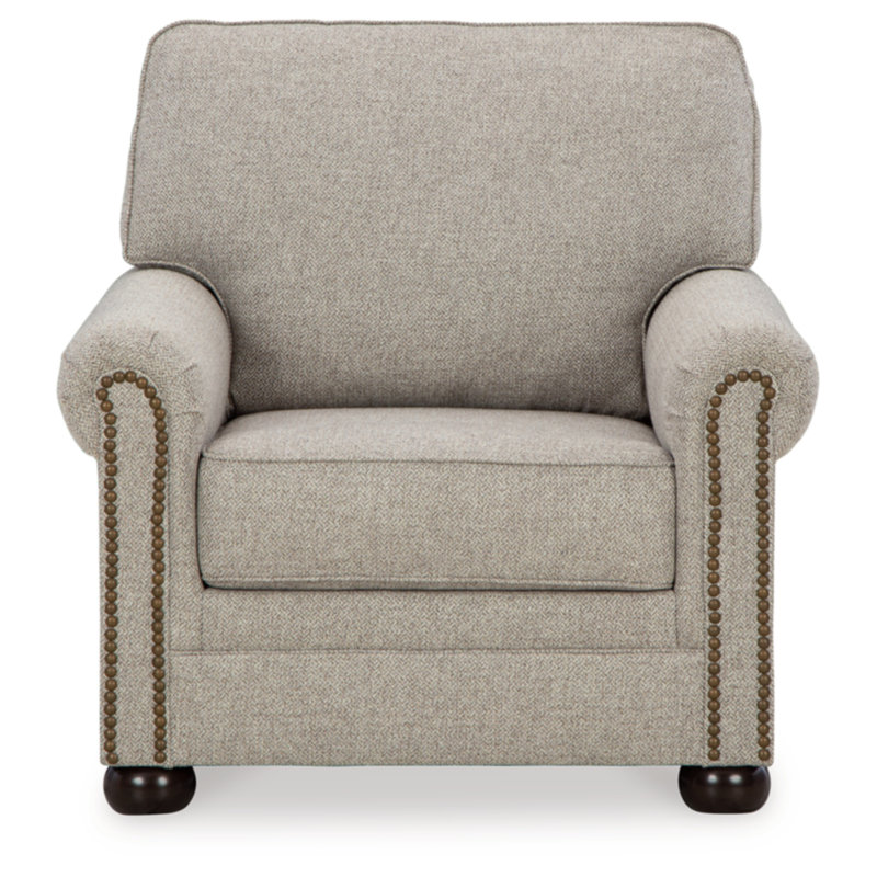 Beige Herringbone Stationary Chair with Nailhead Trim