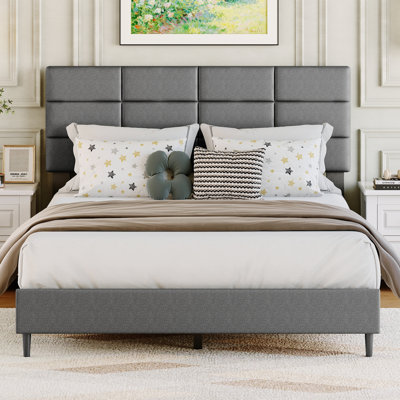 Adjustable Metal Bed Frame with Wood Slats and Support Legs, No Box Spring Required, Easy Assembly, Gray, Double