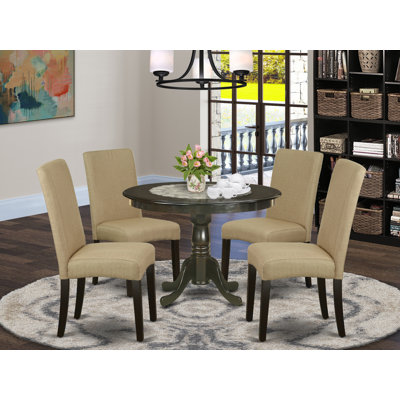 5 Piece Dining Set Includes a Round Dining Room Table with Pedestal and 4 Brown Linen Fabric Upholstered Parson Chairs, Cappuccino