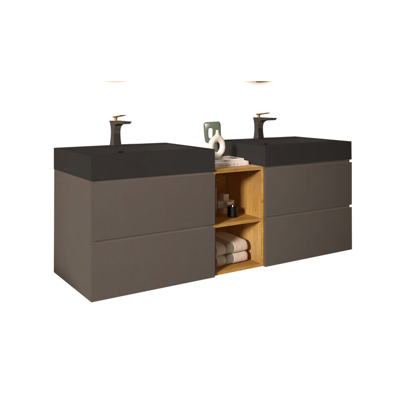 Meuble-lavabo mural 72 po avec lavabo double et tablette ouverte