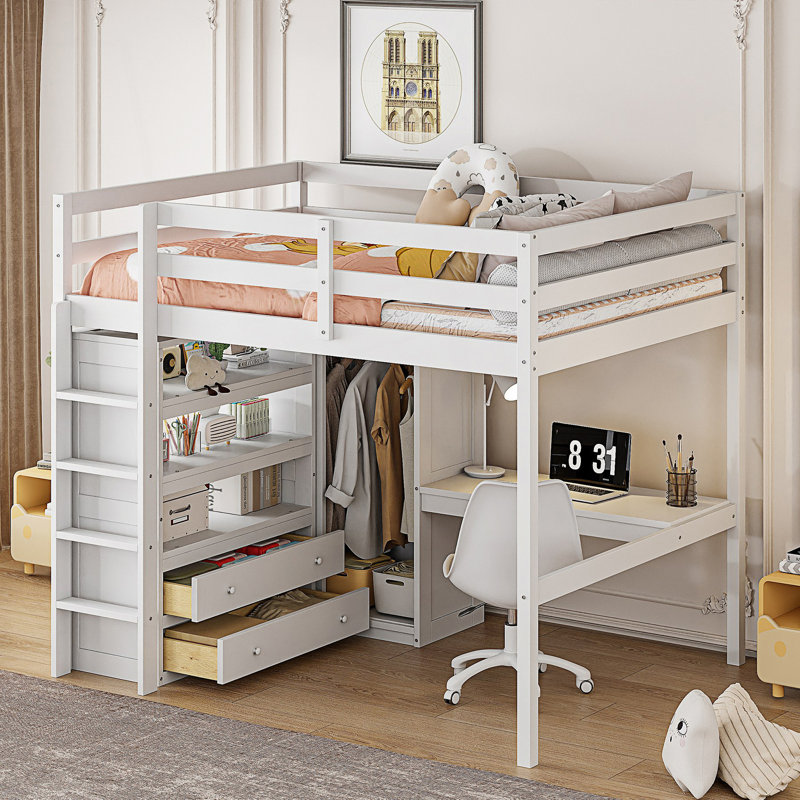 Lit mezzanine double avec garde-robe intégrée, bureau, tablettes de rangement et tiroirs, Blanc