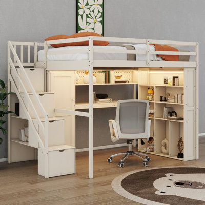 Structure de lit double pleine grandeur avec bureau d'étude intégré et lumières DEL, lit mezzanine en bois peu encombrant avec garde-robe, tablettes de rangement