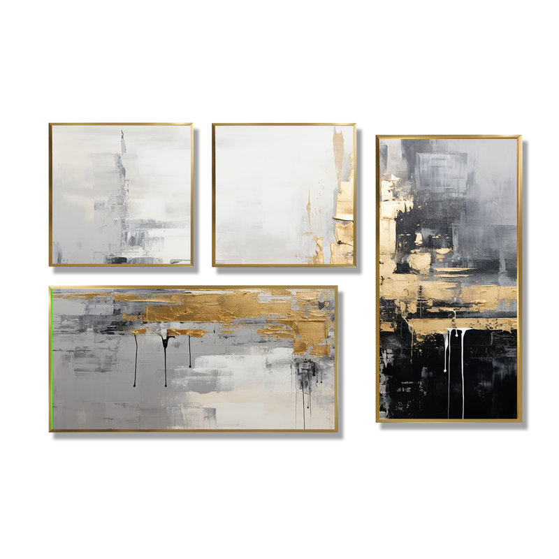 Grandes impressions abstraites sur toile, 4 pièces, Impression encadrée sans passe-partout, Doré