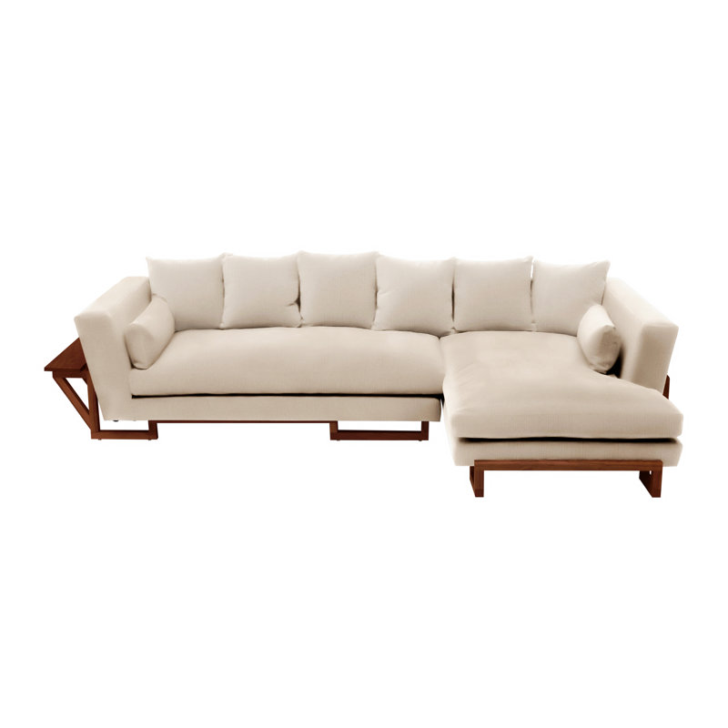 LRG Chaise Sectional, Foam Linen Blend, Left Side Tray, Solid Walnut