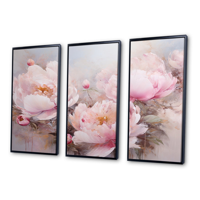 Pivoines roses, art liquide, champ de fleurs VI - ensemble d'art mural champ de fleurs, Cadre flottant noir