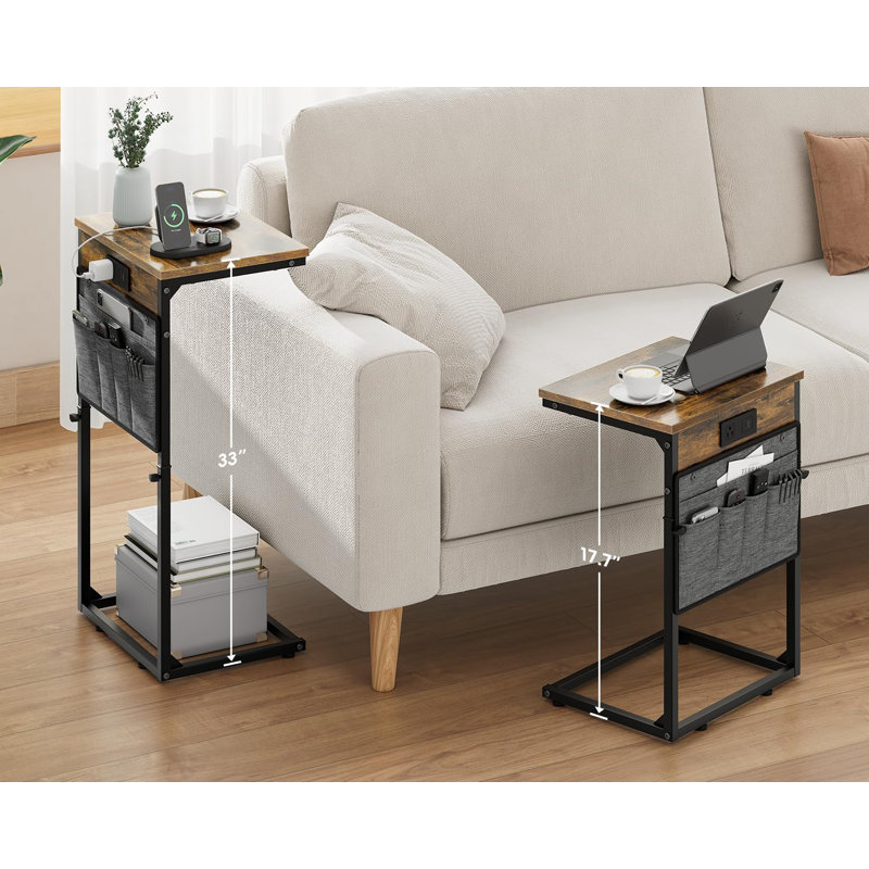 C Shaped End Table With Charging Station, 33" Tall Side Table For Couch, Sofa Table Adjustable Height Small Couch Side C Table, Slide Under Sofa Tray Arm Table For Living Room, Bedroom, Brown