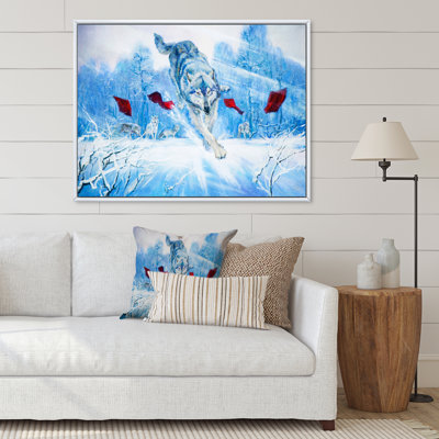 Paysage hivernal «Loup sautant» - peinture sur toile