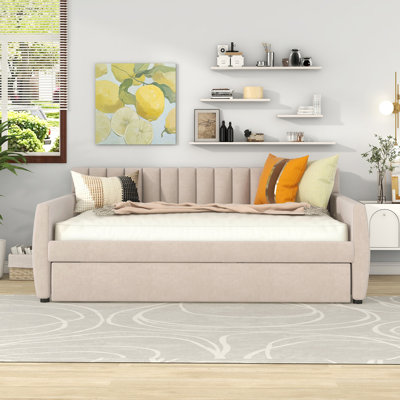 Full Size Upholstered daybed with Trundle and Wood Slat Support