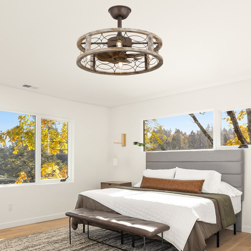 Colp 18'' Classic Farmhouse Caged Ceiling Fan with Lights, Rustic Bladeless Fandelier Reversible Ceiling Fan