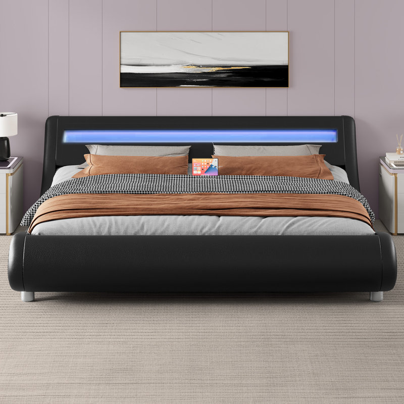 Small Double Bed，Upholstered Sleigh Bed, Black
