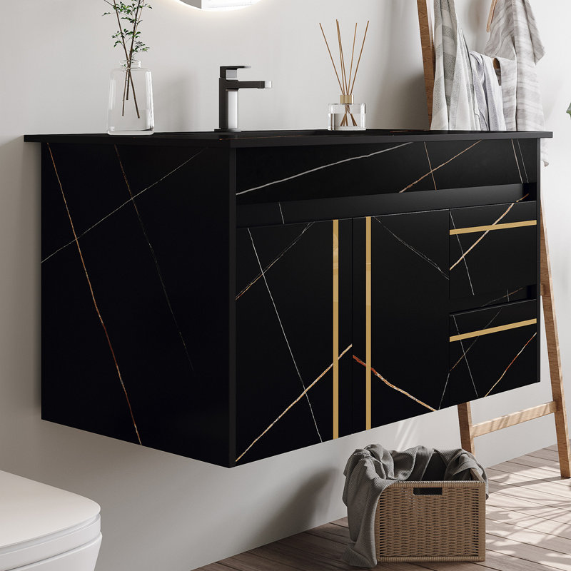 Meuble-lavabo flottant 35,4 po avec lavabo et plateau en faux marbre