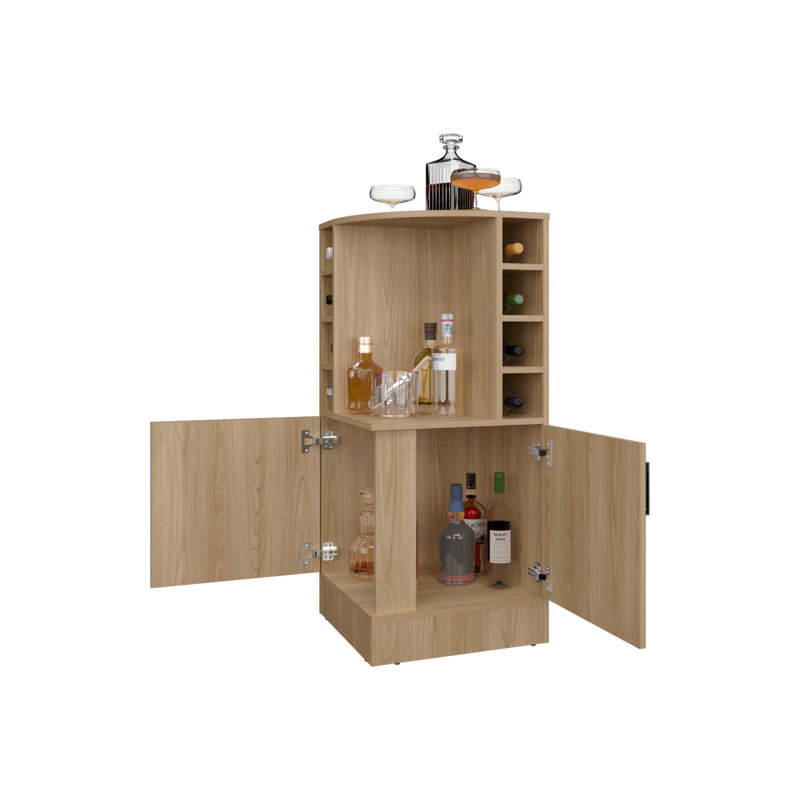 Bar d'angle avec porte-bouteilles et tablette ouverte, Bois naturel