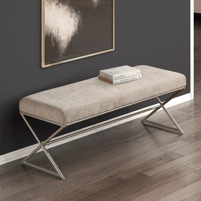 Banc moderne pour hall d'entrée avec siège en chenille taupe rembourré de mousse, structure en fer finition champagne, mesure de profondeur de 16 po avec chenille confortable, ton métallique, largeur de siège de 48 po, capacité de 300 lb