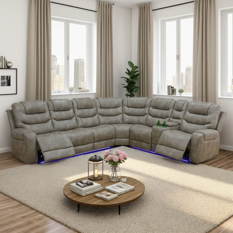 Domnique 3 - Piece Vegan Leather Power Reclining Living Room Sectional Sofa Set with Wireless Chargers and LED Lights