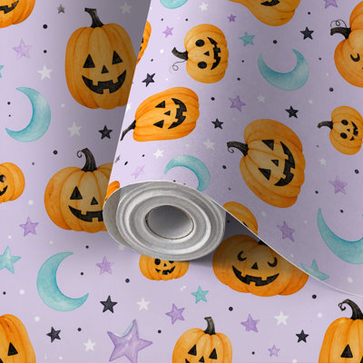 Rouleau de papier peint adhésif citrouille d'Halloween pour famille et locataires, étoiles de croissant de lune, revêtement mural auto-adhésif pour salon, chambre à coucher, chambre de bébé, cuisine, décoration murale, rénovation de maison, 24 po x 118 po (60 po x 300 po)