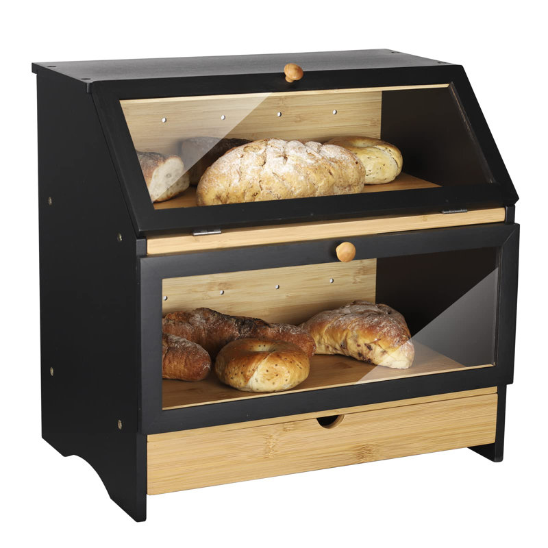 Boîte à pain en bambou à deux couches avec tiroir, Noir