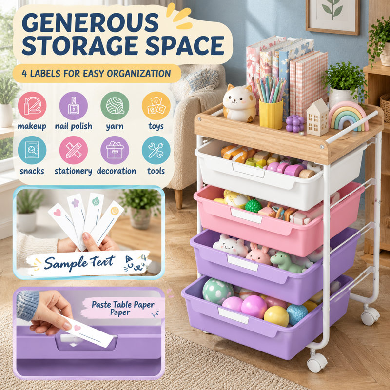 Chariot de rangement mauve avec rangement en bois pour artisanat pour enfants