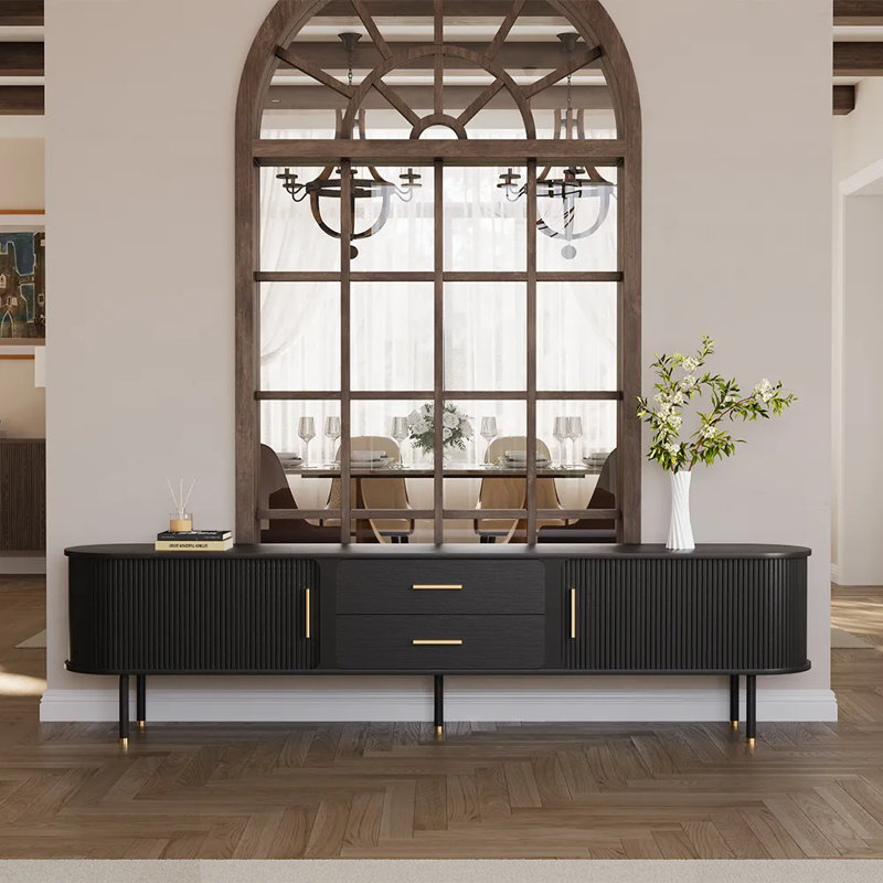 Mid-Century Modern TV Stand, Minimalist Wood Media Console with Roller Shutter Door, Black, 23.62"H x 94.49"L x 15.75"W