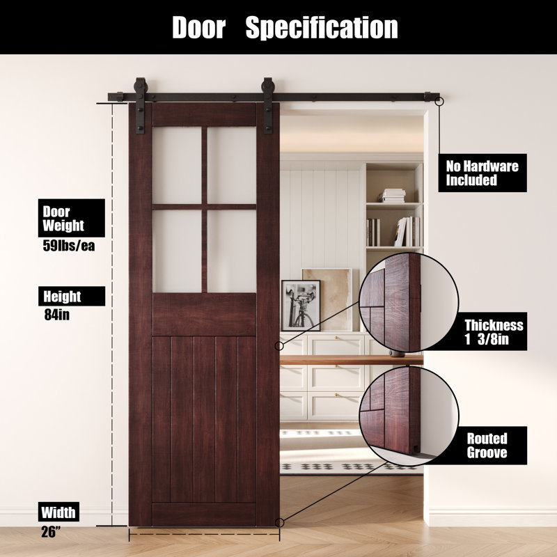 Porte de grange coulissante en bois massif non assemblé 26 x 84 couleur acajou rouge, 26 po x 84 po