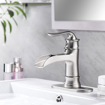 Robinet de salle de bain en nickel brossé avec cascade, poignée simple, trou, robinet d'évier moderne à faible cascade, nickel, bonde escamotable, fonctionnement en douceur