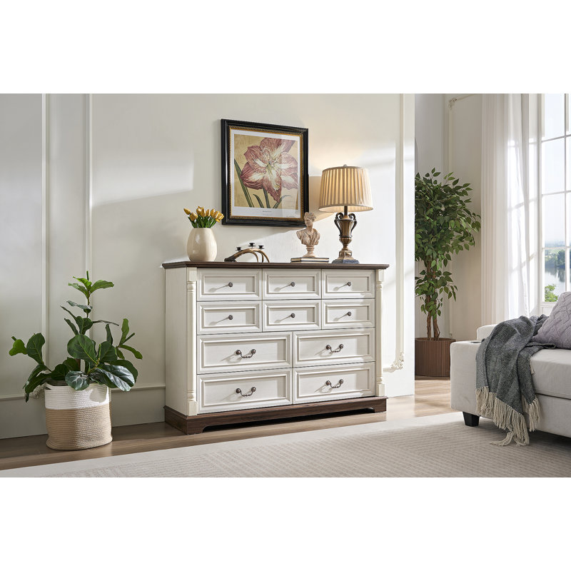 Commode 10 tiroirs pour chambre à coucher avec base en bois et bordure en bois, commode rustique en bois rustique, commode de rangement pour chambre à coucher, salon