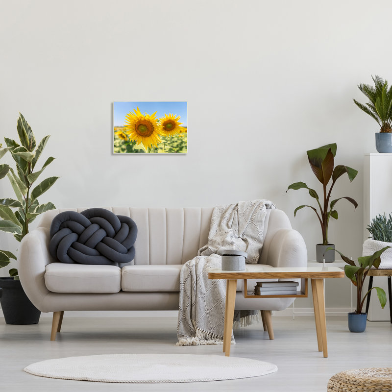 «Sunflower Florals In Sunny Blue Farm Field», art mural par Richard Silver, H 13 po x l 19 po x P 0,5 po, Bois