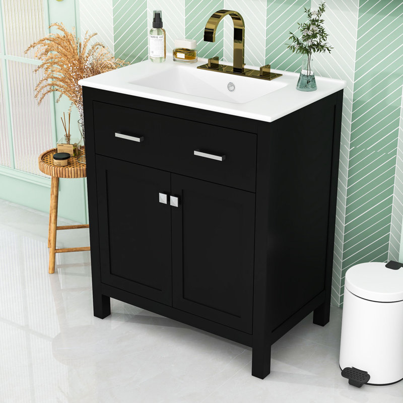 Meuble-lavabo de 30 pouces avec lavabo en céramique, armoire à rideaux et portes à fermeture en douceur, Noir